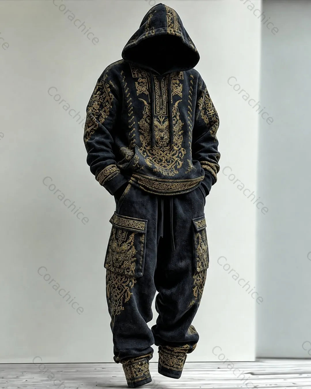 Cardydony Men's Viking Color-Block Dragon Embroidered Hoodie & Pants Two-Piece