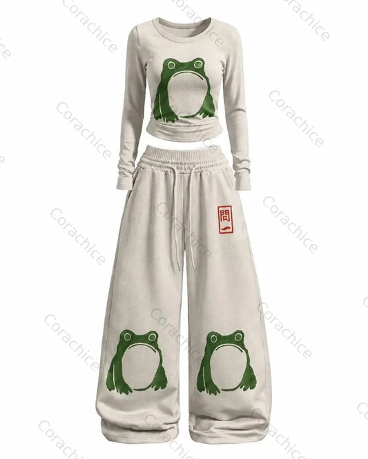 Cardydony Women's Japanese-Style Printed Casual T-Shirt and Pants Two-Piece