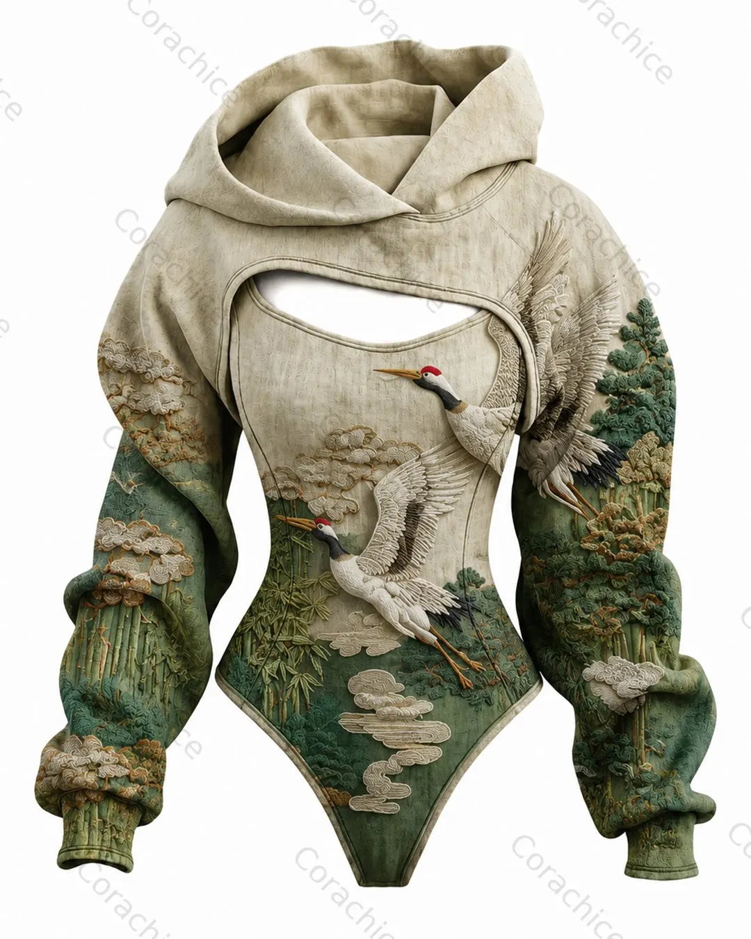Cardydony Women's Japanese-Style White Crane Print Fitted Hooded Jumpsuit
