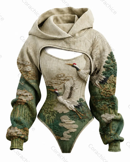 Cardydony Women's Japanese-Style White Crane Print Fitted Hooded Jumpsuit
