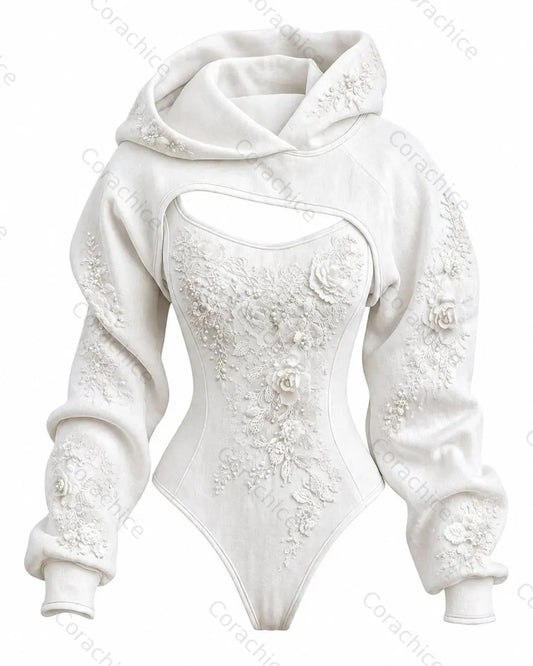 Cardydony Women's Japanese-Style White Floral Embroidered Fitted Hooded Jumpsuit