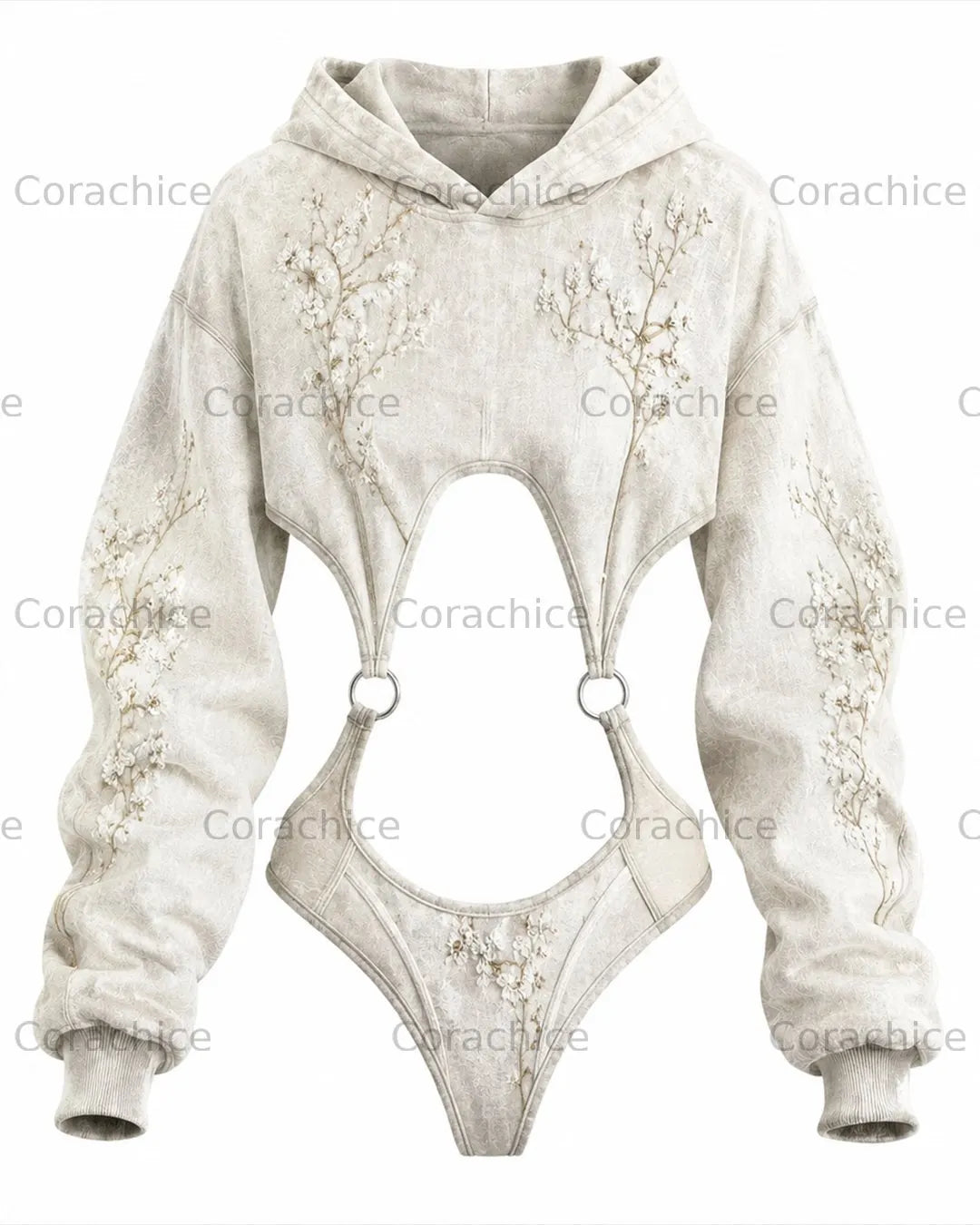 Cardydony Women's Japanese style white floral irregular cut two-piece long-sleeved bodysuit