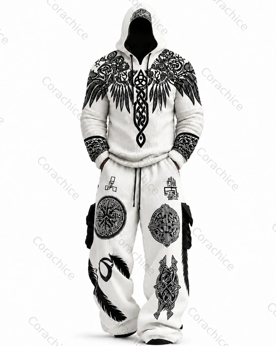 Cardydony Men's Viking Compass Embroidered Knit Hoodie and Pants Two-Piece