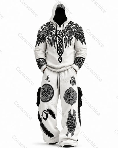 Cardydony Men's Viking Compass Embroidered Knit Hoodie and Pants Two-Piece