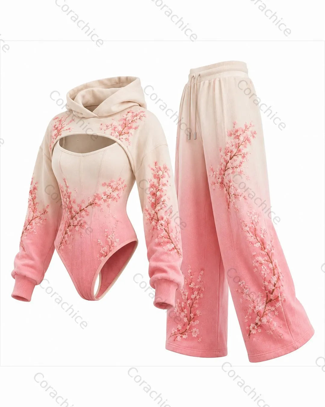 Cardydony Women's Japanese-style floral print gradient irregular cut two-piece jumpsuit & pants