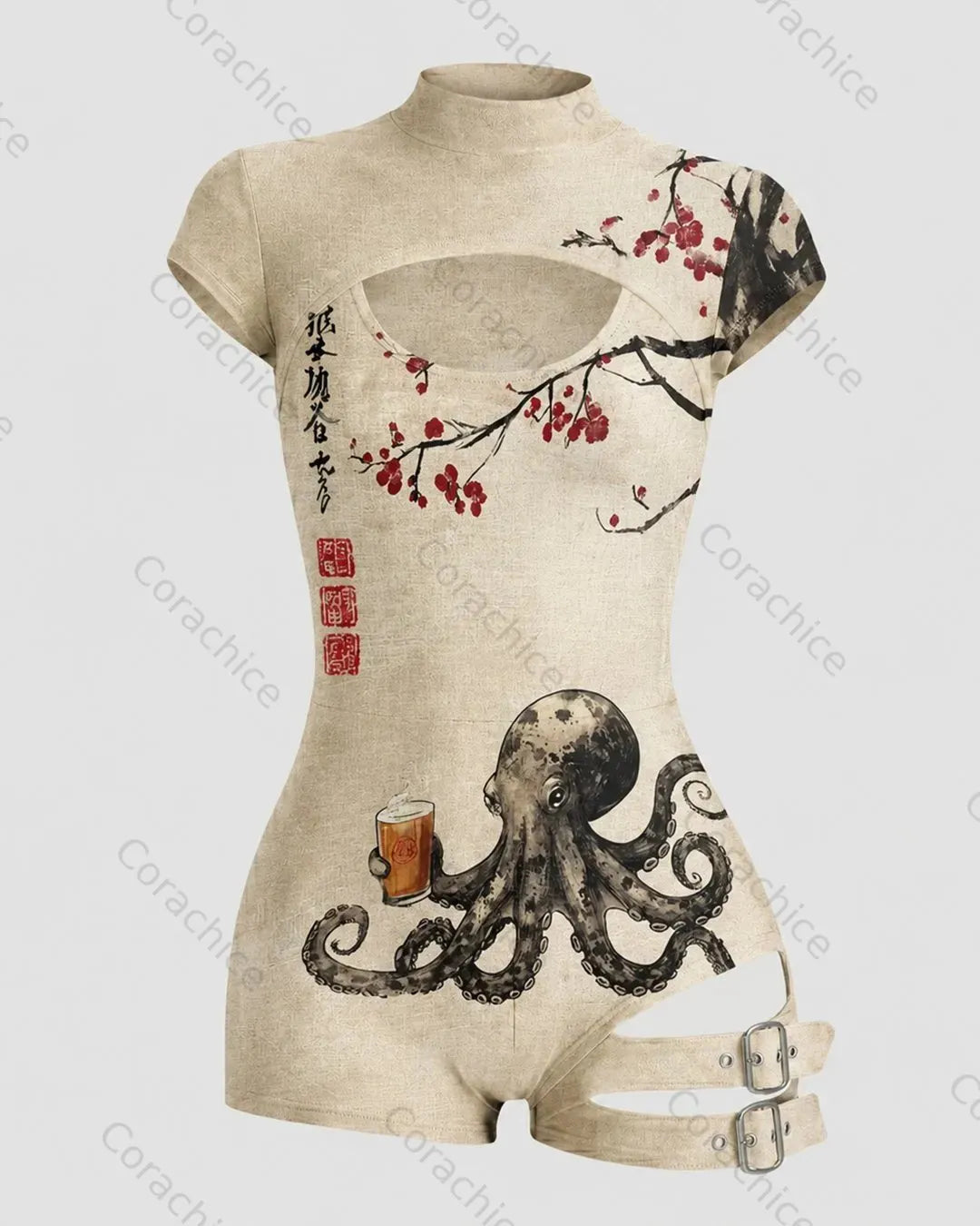 Cardydony Women's Japanese-Style Octopus-Print Openwork Jumpsuit