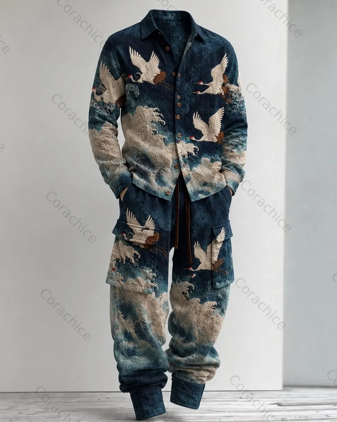 Cardydony Men's Fall and Spring Japanese-Style Printed Linen Shirt & Pants Two-Piece