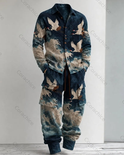 Cardydony Men's Fall and Spring Japanese-Style Printed Linen Shirt & Pants Two-Piece