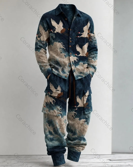 Cardydony Men's Fall and Spring Japanese-Style Printed Linen Shirt & Pants Two-Piece