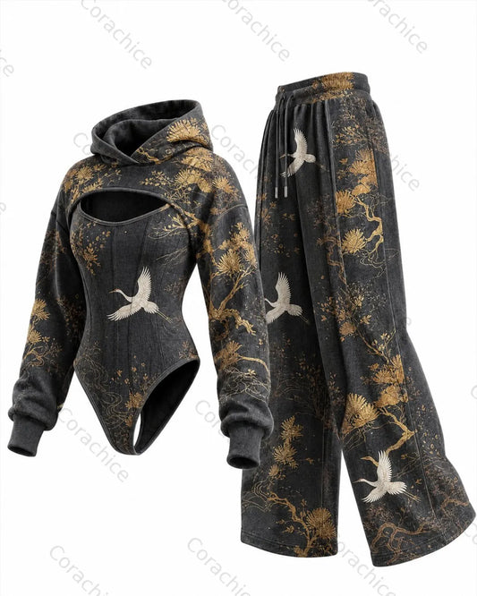 Cardydony Women's Japanese-style printed irregular cut two-piece bodysuit & pants