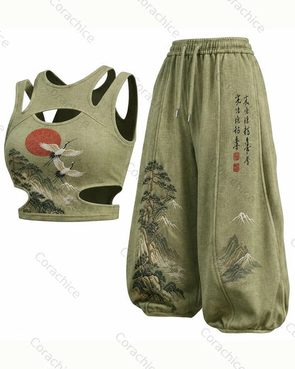 Cardydony Women's Japanese-Style White Crane Print Sleeveless Sports Tank Top and Pants Two-Piece