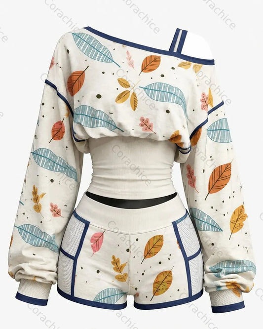 Cardydony Women's Floral-Print Long-Sleeve One-Shoulder Sweatshirt and Shorts Two-Piece