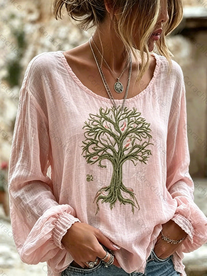 Cardydony Women's Retro Viking Tree Of Life Pattern Casual Linen Blend T-shirt