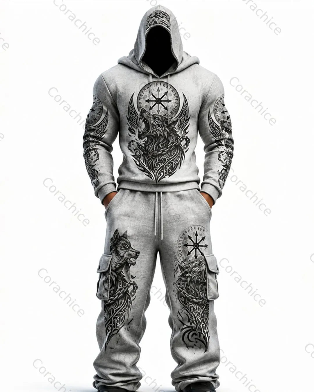Cardydony Men's Fall/Spring Viking-Embroidered Hoodie and Pants Two-Piece
