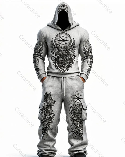 Cardydony Men's Fall/Spring Viking-Embroidered Hoodie and Pants Two-Piece