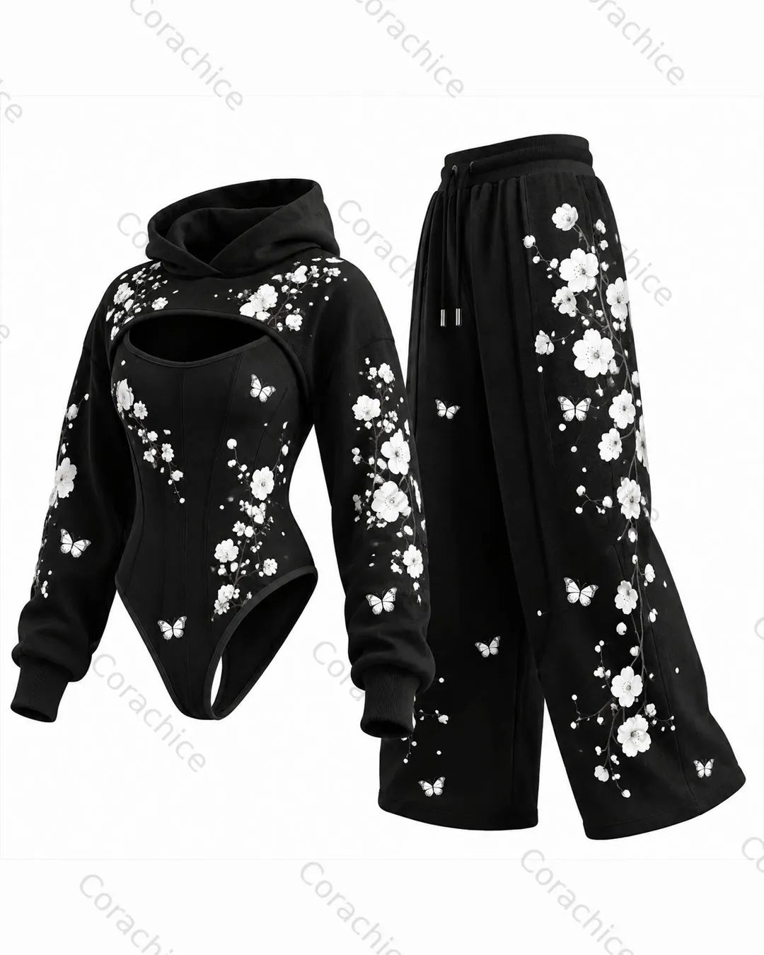 Cardydony Women's Japanese floral print irregular cut two-piece jumpsuit & pants