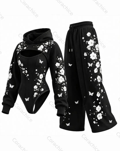 Cardydony Women's Japanese floral print irregular cut two-piece jumpsuit & pants