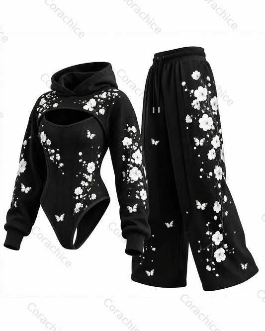 Cardydony Women's Japanese floral print irregular cut two-piece jumpsuit & pants