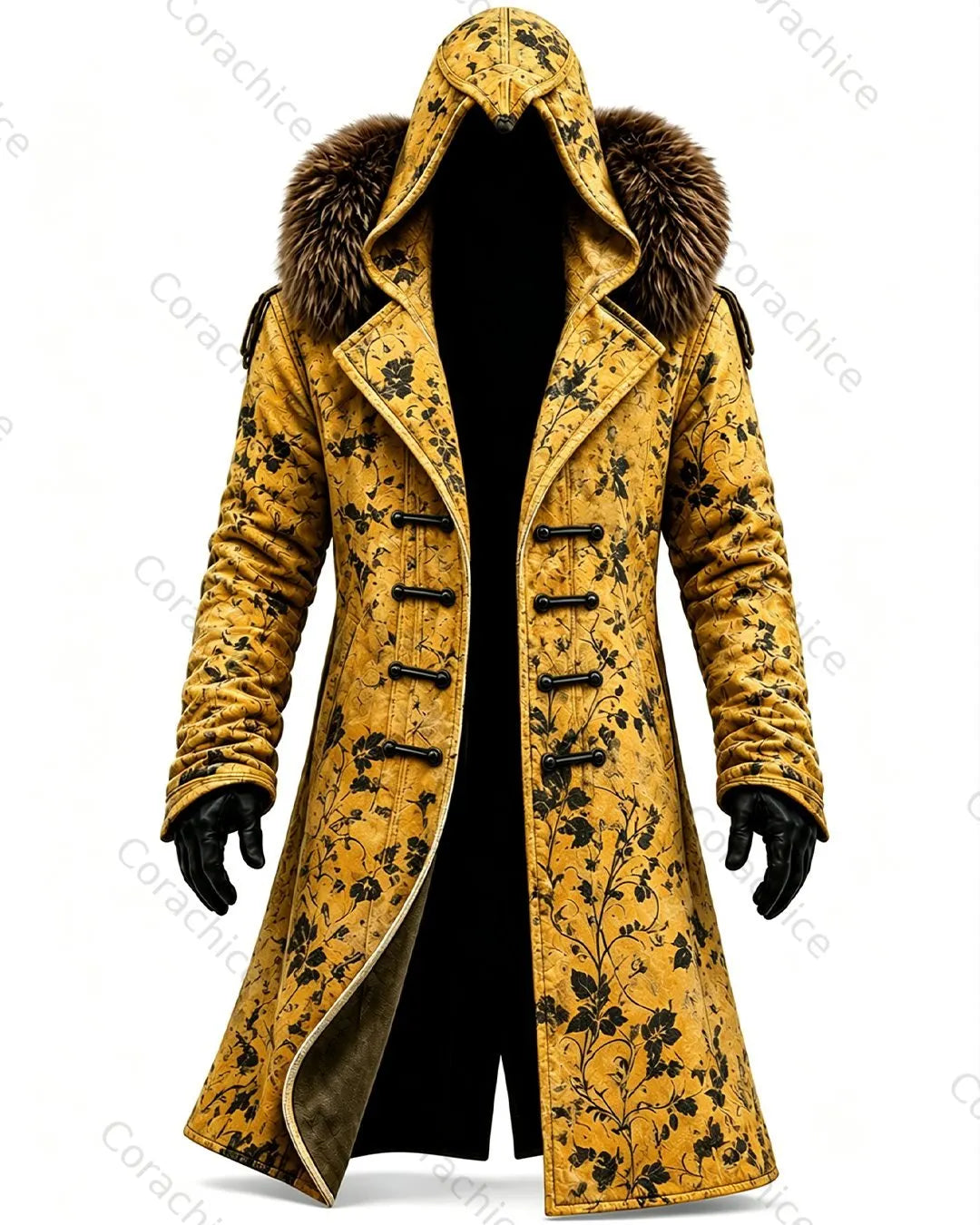Cardydony Men's Autumn/Winter Retro Japanese Floral Print Faux Fur Collar Long Hooded