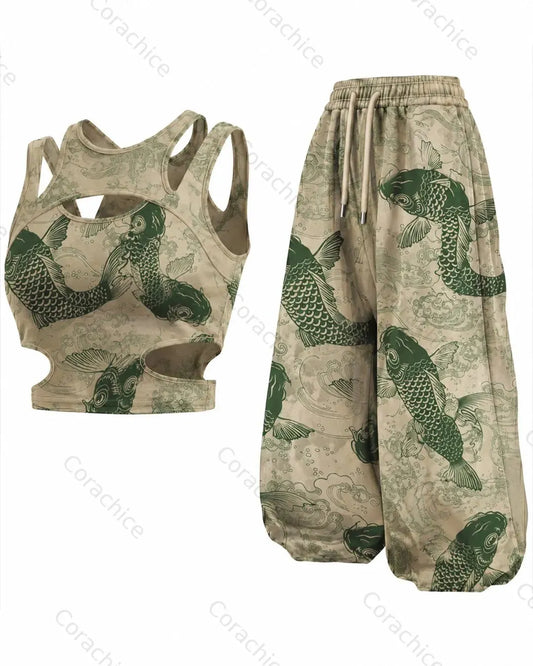 Cardydony Women's Japanese-Style Printed Sports Tank Top and Pants Two-Piece