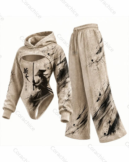 Cardydony Women's Japanese Retro Art Print Irregular Cut Two-Piece Jumpsuit & Pants