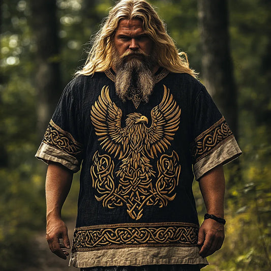 Cardydony Men's Viking Celtic Eagle Totem Round Neck Contrast Color Plus Size T-shirt dee3