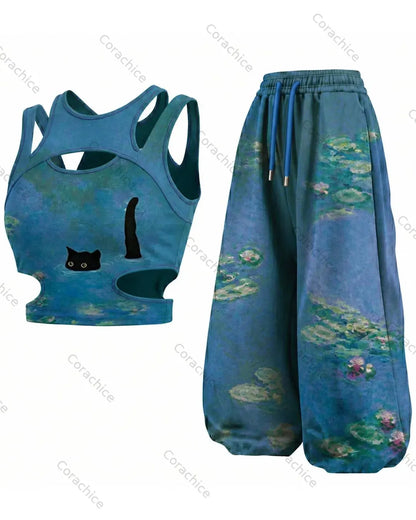 Cardydony Women's Japanese-Style Printed Sports Tank Top and Pants Two-Piece
