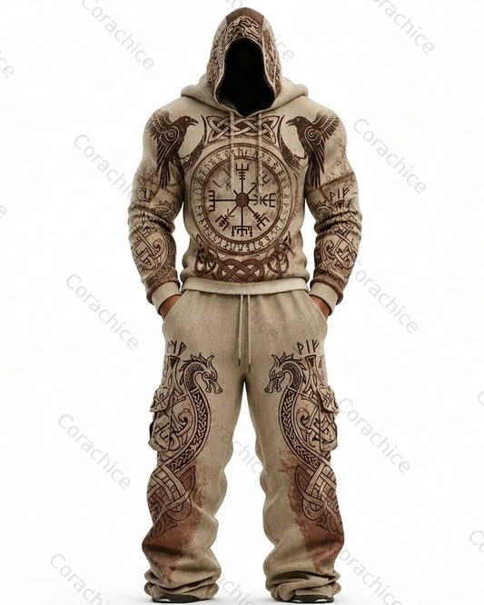 Cardydony Men's Viking-Embroidered Knit Hoodie and Pants Two-Piece