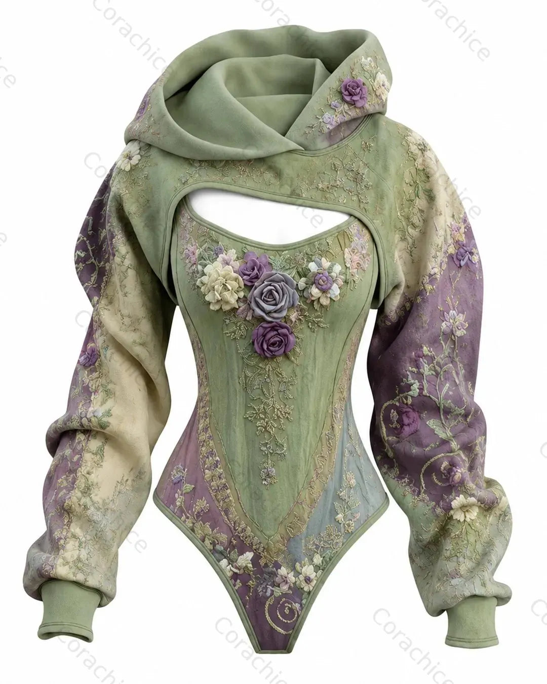 Cardydony Women's Floral Embroidered Gradient Fitted Hooded Jumpsuit