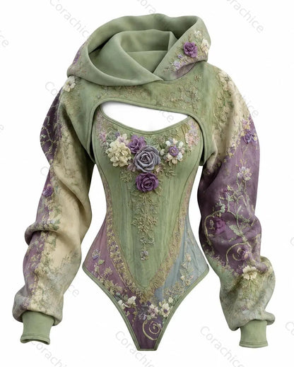 Cardydony Women's Floral Embroidered Gradient Fitted Hooded Jumpsuit