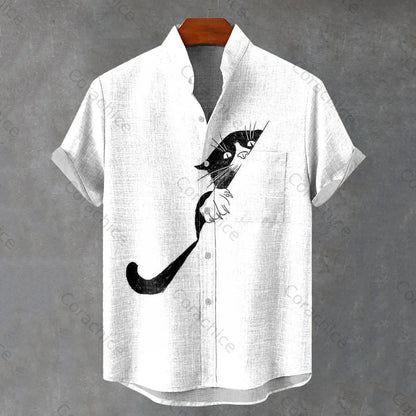 Cardydony Men's Black Cat Hiding Print Short Sleeve Shirt