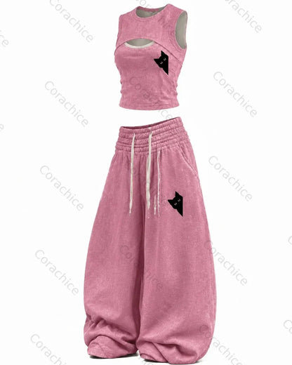 Cardydony Women's Japanese Retro Art Print Embroidered Top & Pants Two-Piece Set