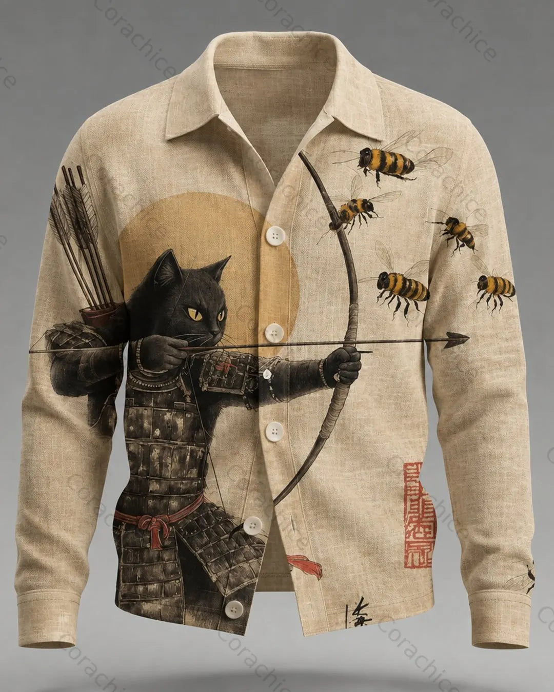 Cardydony Men's Casual Japanese-Style Printed Linen Shirt