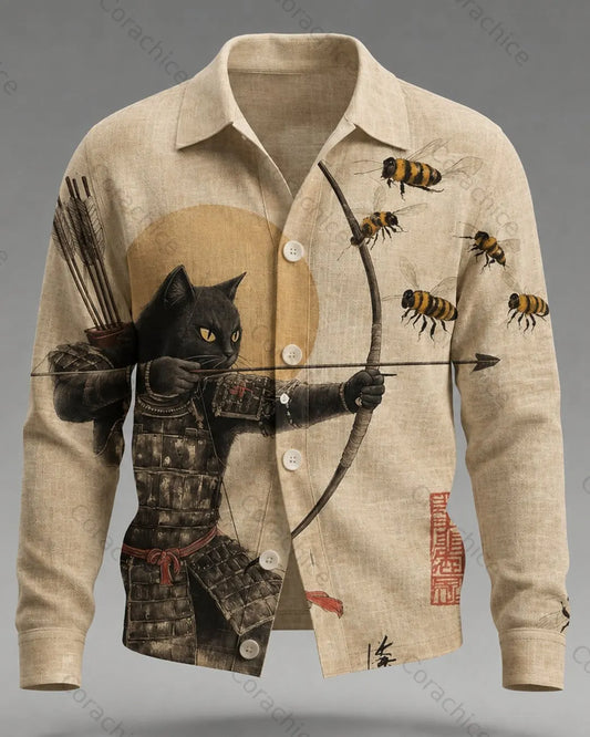 Cardydony Men's Casual Japanese-Style Printed Linen Shirt
