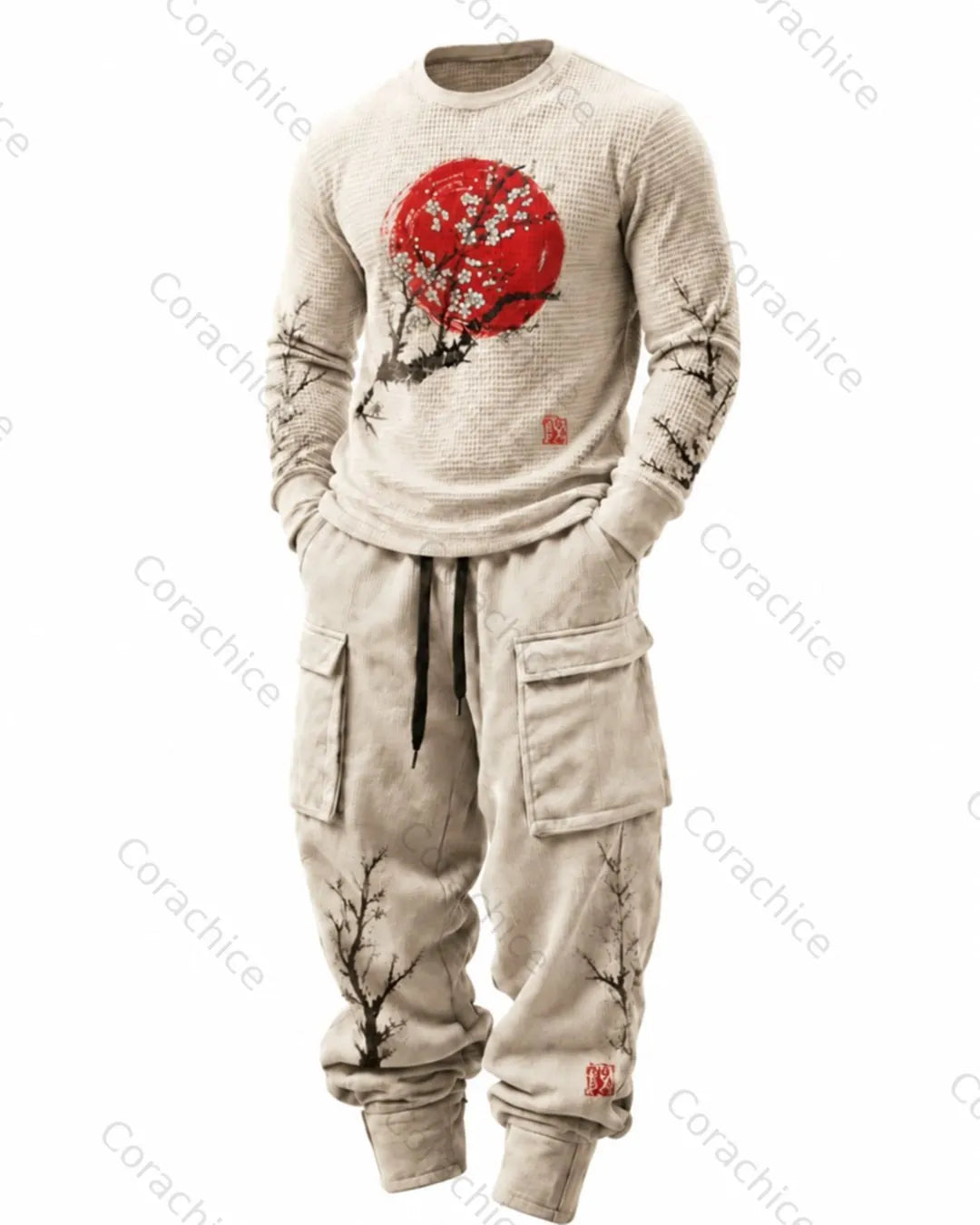 Cardydony Men's Japanese-Style Printed Crew-Neck Waffle-Knit Sweatshirt and Pants