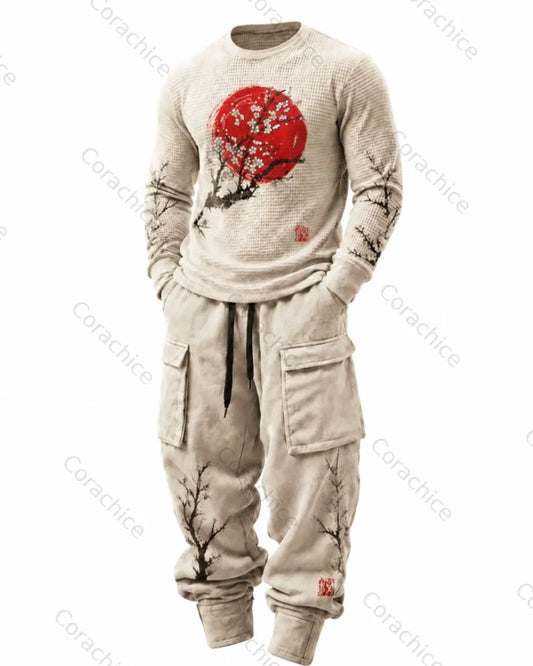 Cardydony Men's Japanese-Style Printed Crew-Neck Waffle-Knit Sweatshirt and Pants