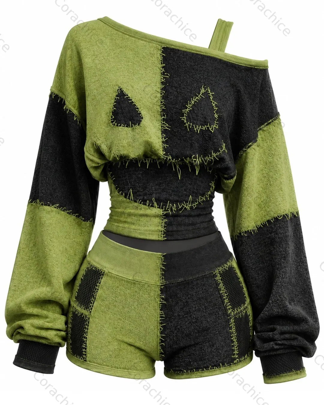 Cardydony Women's Halloween-Themed Witch Print Off-the-Shoulder T-Shirt and Shorts Two-Piece