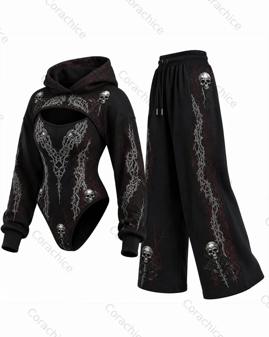 Cardydony Women's Halloween Print Irregular Cut Two-Piece Bodysuit & Pants