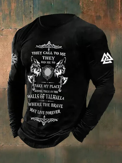 Cardydony Retro Viking Graphics Long-Sleeved T-Shirt