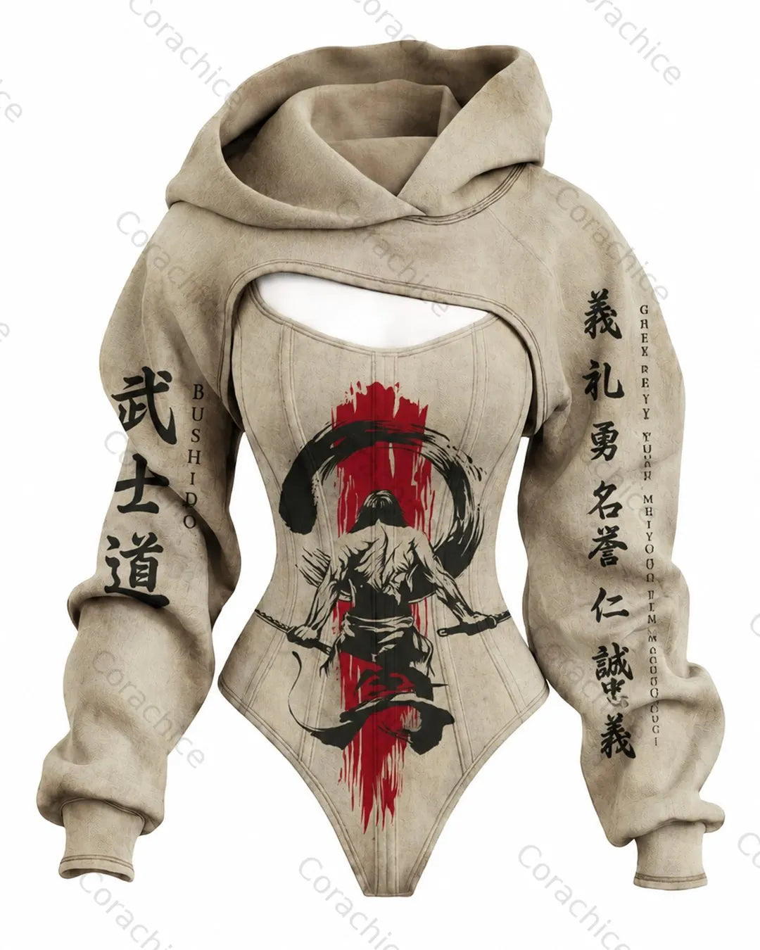 Cardydony Women's Japanese-Style Printed Fitted Hooded Jumpsuit