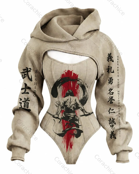 Cardydony Women's Japanese-Style Printed Fitted Hooded Jumpsuit