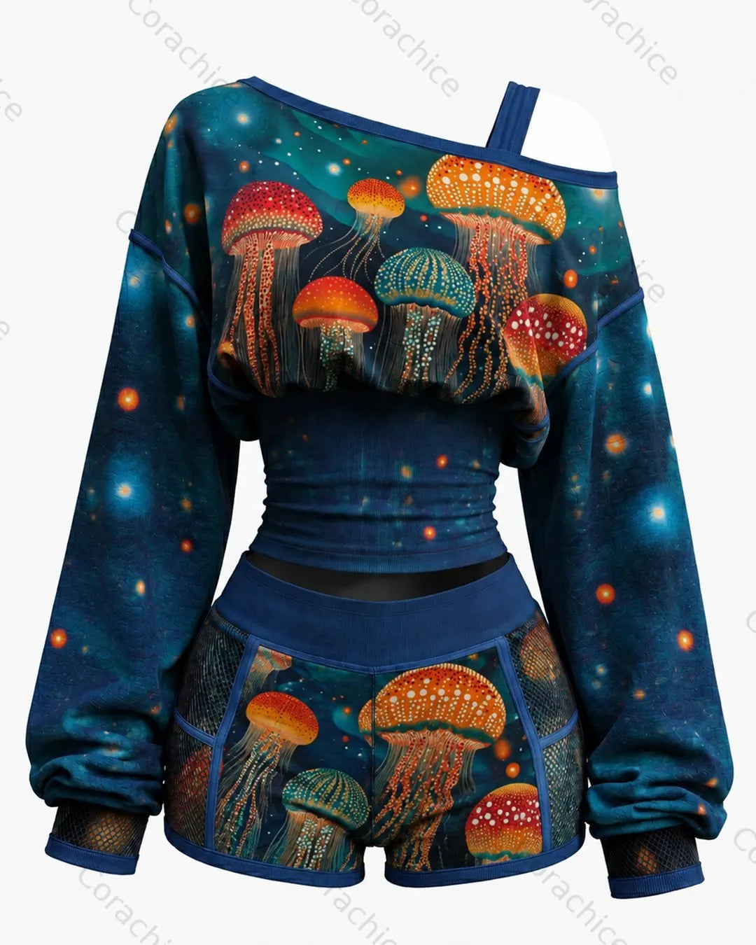 Cardydony Women's Japanese-Style Art Print Off-the-Shoulder T-Shirt and Shorts