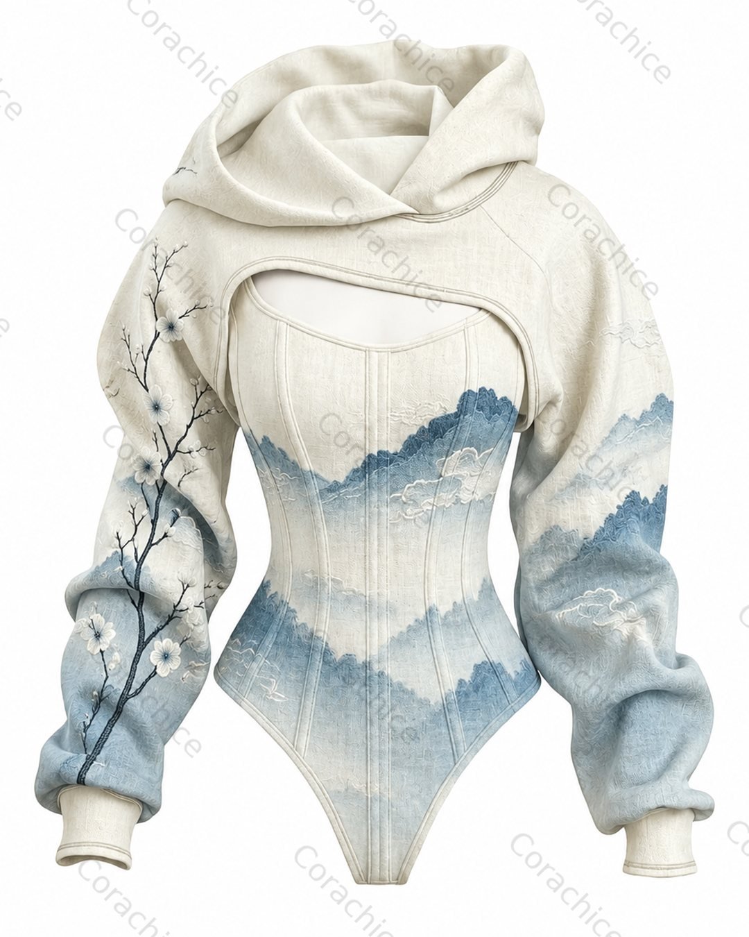 Cardydony Women's Japanese-Style Printed Fitted Hooded Jumpsuit