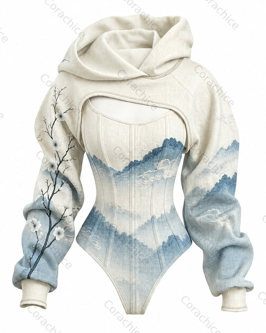 Cardydony Women's Japanese-Style Printed Fitted Hooded Jumpsuit
