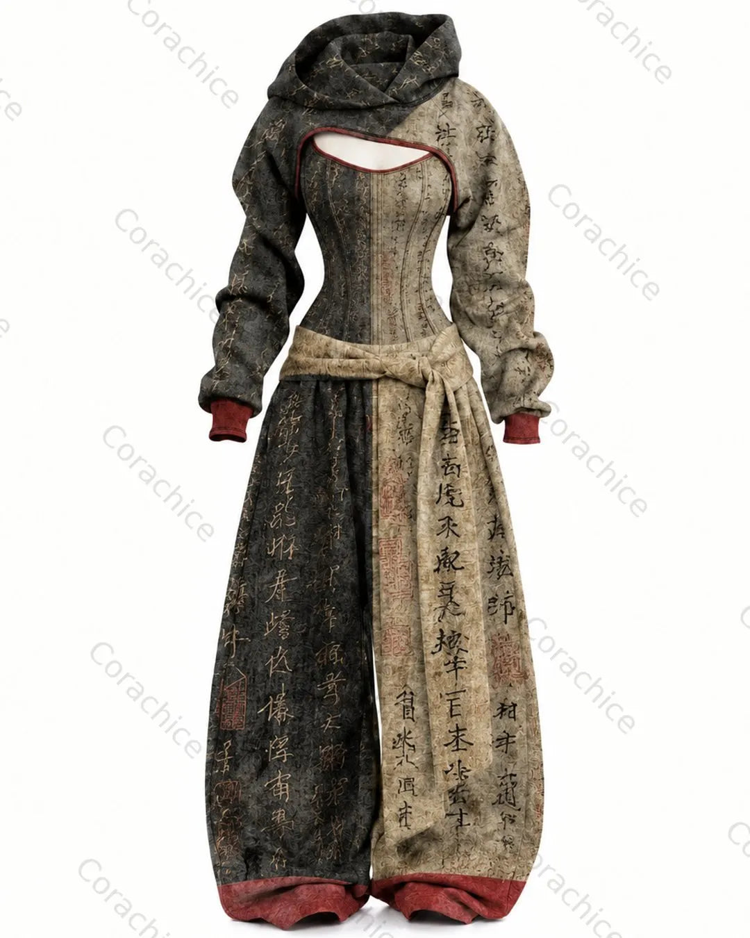 Cardydony Women's Japanese-Style Printed Long-Sleeve Fitted Jumpsuit & Pants Two-Piece