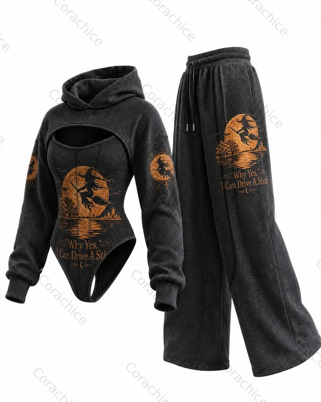 Cardydony Women's Fun Halloween Witch Print Casual Irregular Cut Two-Piece Bodysuit & Pants