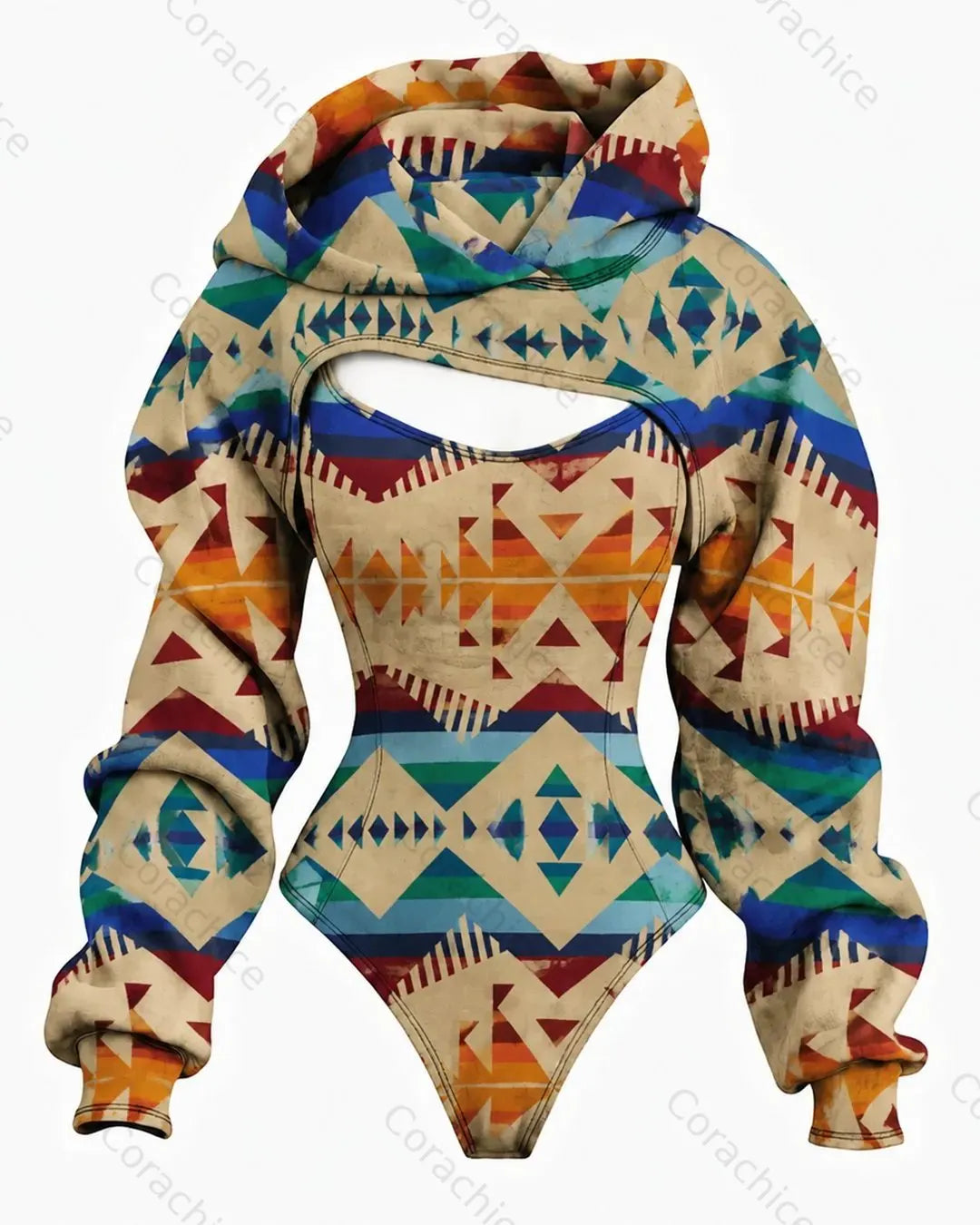 Cardydony Women's Western-Style Aztec-Print Fitted Hooded Jumpsuit