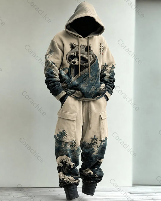 Cardydony Men's Fall and Spring Japanese-Style Printed Hooded & Pants Two-Piece