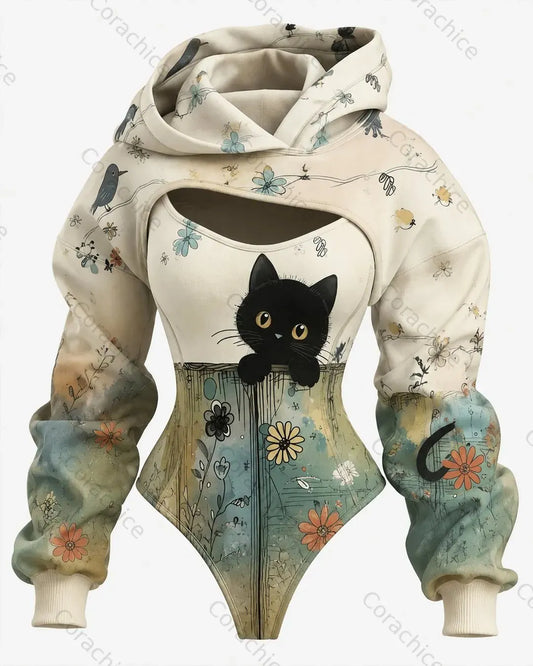 Cardydony Women's Casual Fashion Cute Cat Print Irregular Cut Two-Piece bodysuit