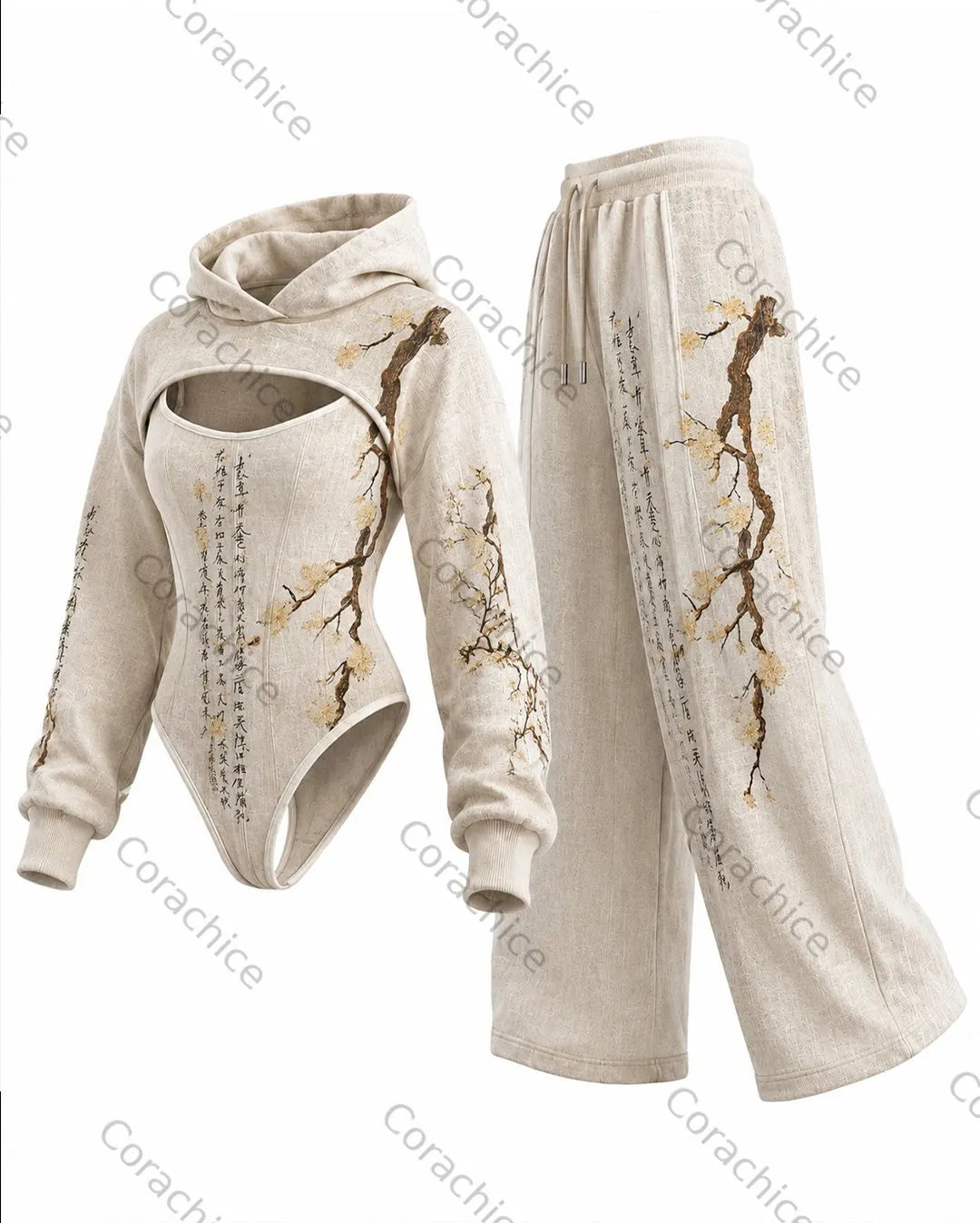 Cardydony Women's Japanese Retro Art Embroidery Irregular Cut Two-Piece Bodysuit & Pants